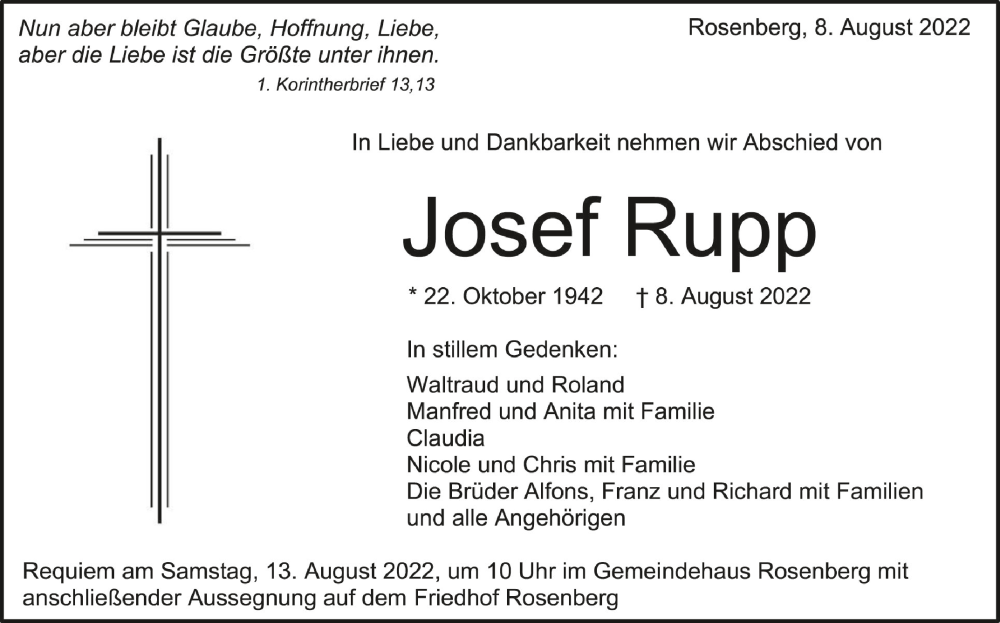  Traueranzeige für Josef Rupp vom 10.08.2022 aus Schwäbische Zeitung