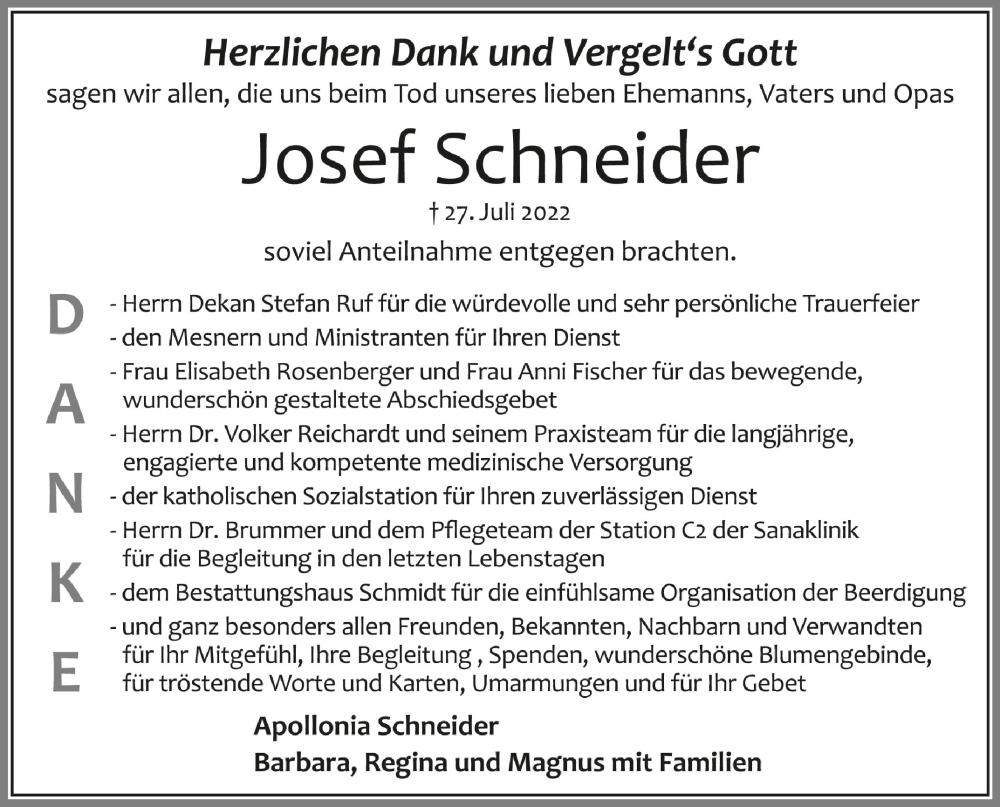  Traueranzeige für Josef Schneider vom 13.08.2022 aus Schwäbische Zeitung