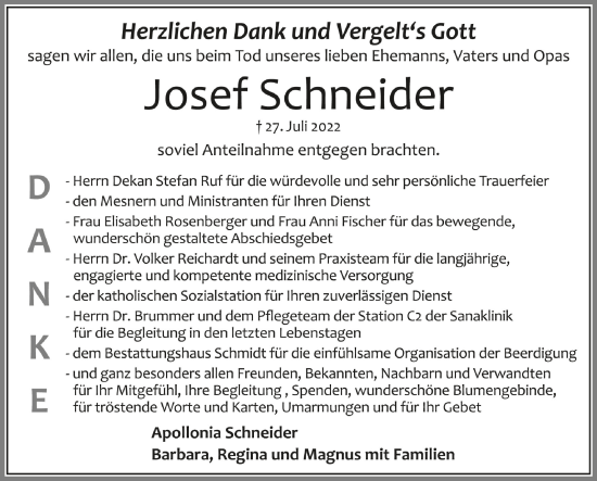 Anzeige von Josef Schneider von Schwäbische Zeitung