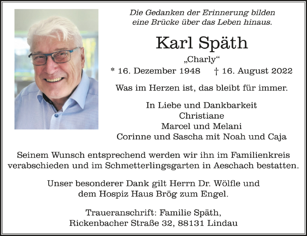  Traueranzeige für Karl Späth vom 20.08.2022 aus Schwäbische Zeitung