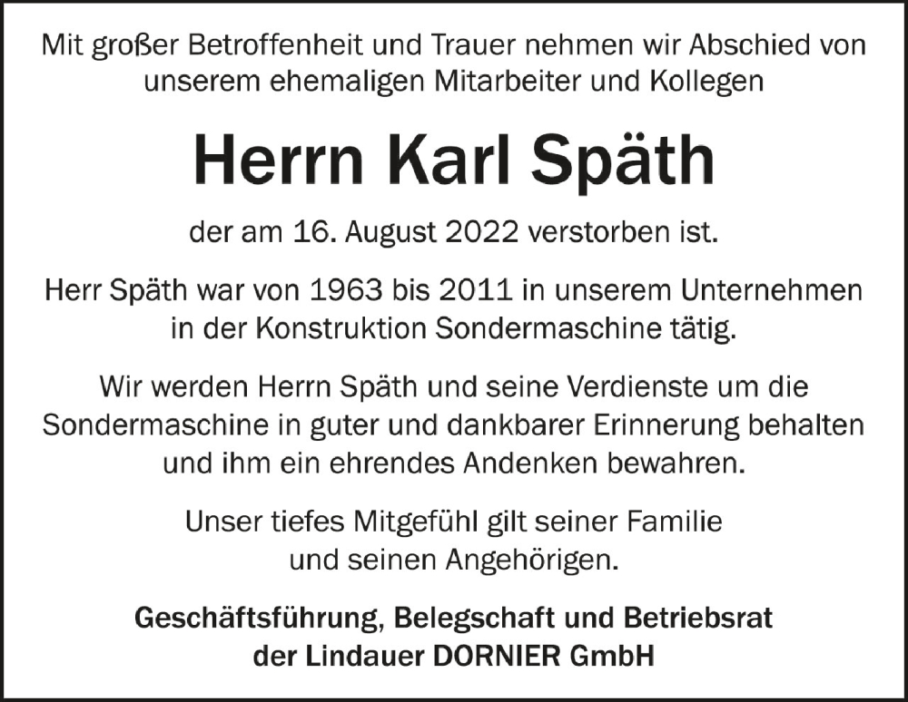  Traueranzeige für Karl Späth vom 23.08.2022 aus Schwäbische Zeitung