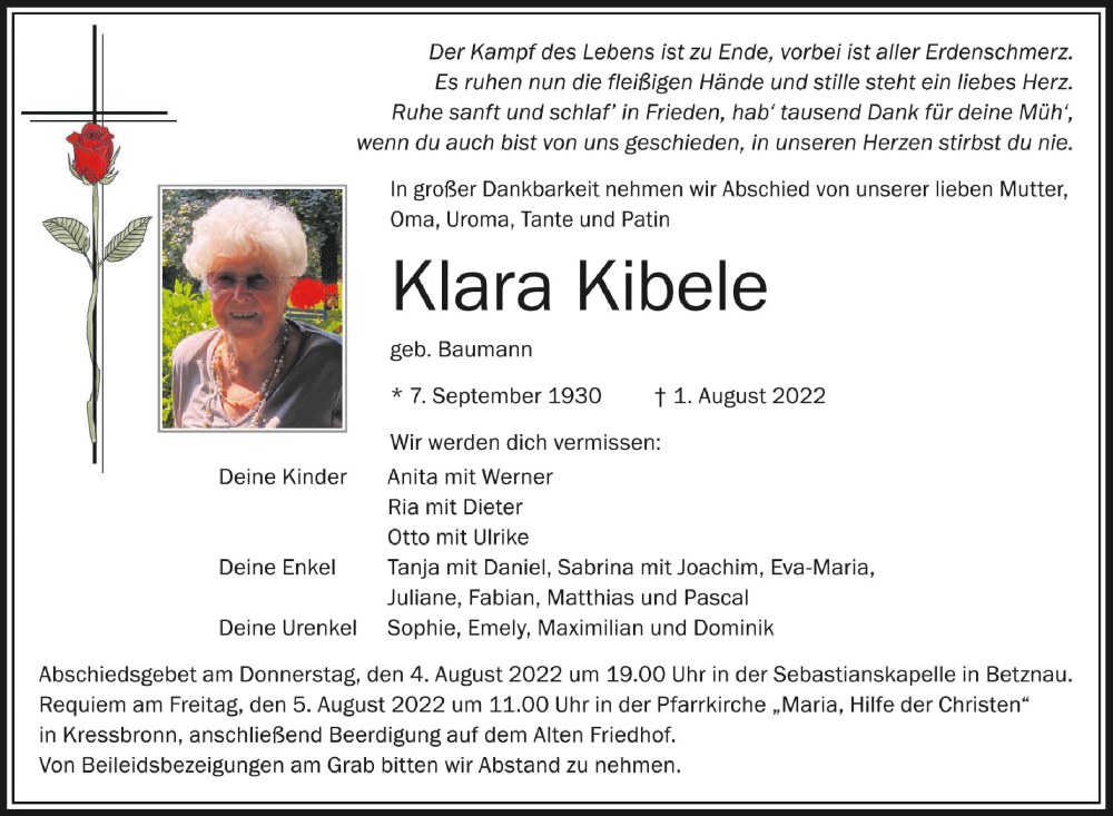  Traueranzeige für Klara Kibele vom 03.08.2022 aus Schwäbische Zeitung