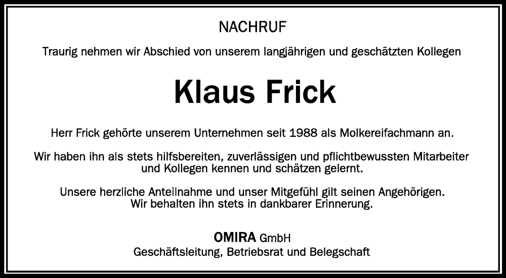  Traueranzeige für Klaus Frick vom 13.08.2022 aus Schwäbische Zeitung