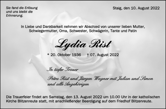 Anzeige von Lydia Rist von Schwäbische Zeitung