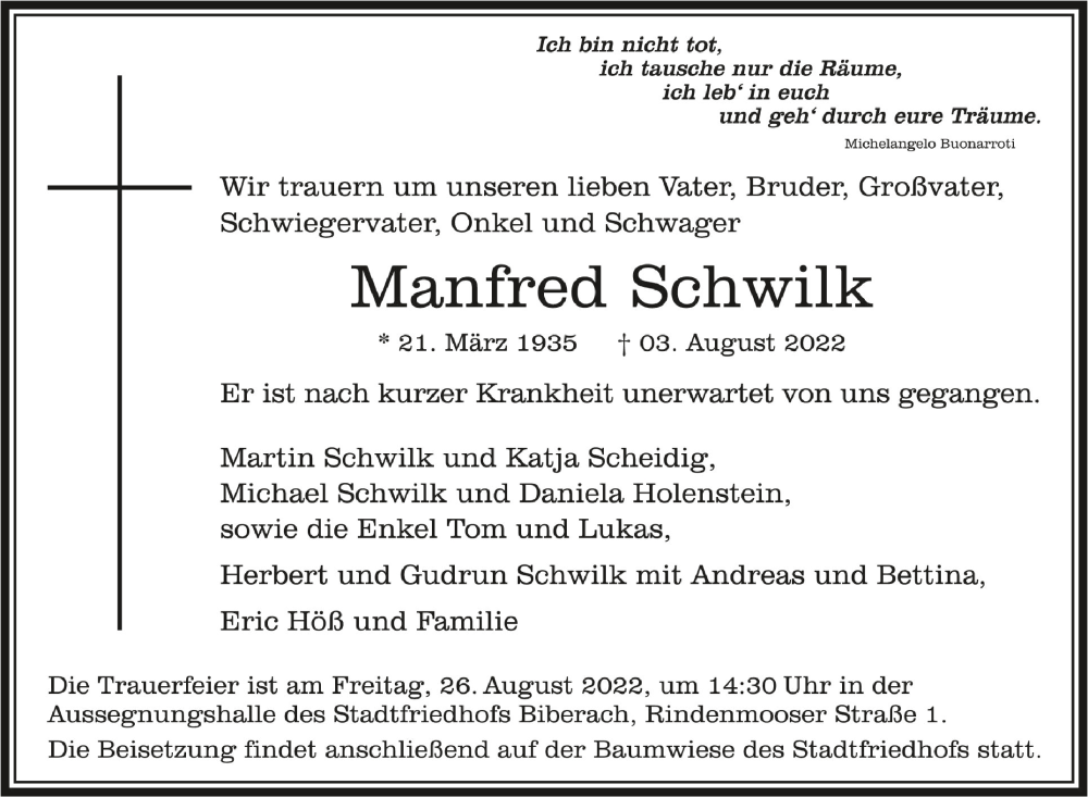  Traueranzeige für Manfred Schwilk vom 20.08.2022 aus Schwäbische Zeitung