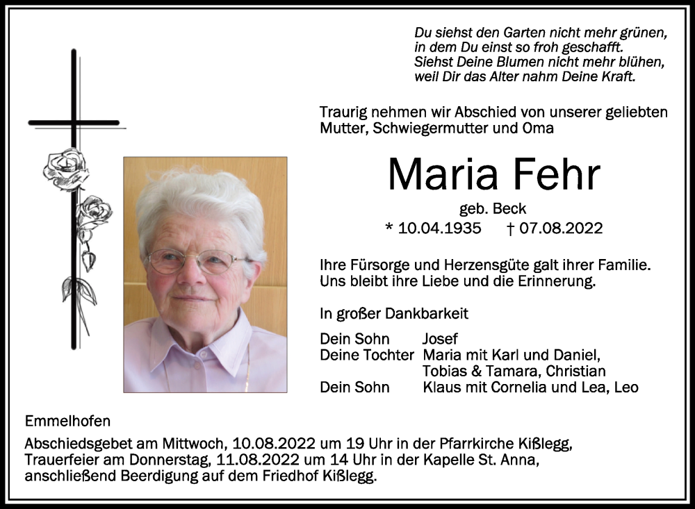  Traueranzeige für Maria Fehr vom 09.08.2022 aus Schwäbische Zeitung