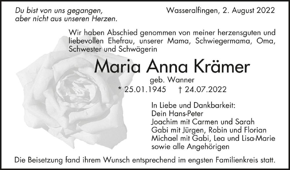  Traueranzeige für Maria Anna Krämer vom 02.08.2022 aus Schwäbische Zeitung