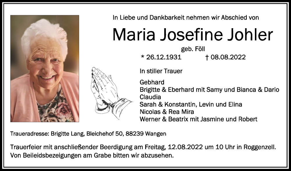  Traueranzeige für Maria Josefine Johler vom 10.08.2022 aus Schwäbische Zeitung