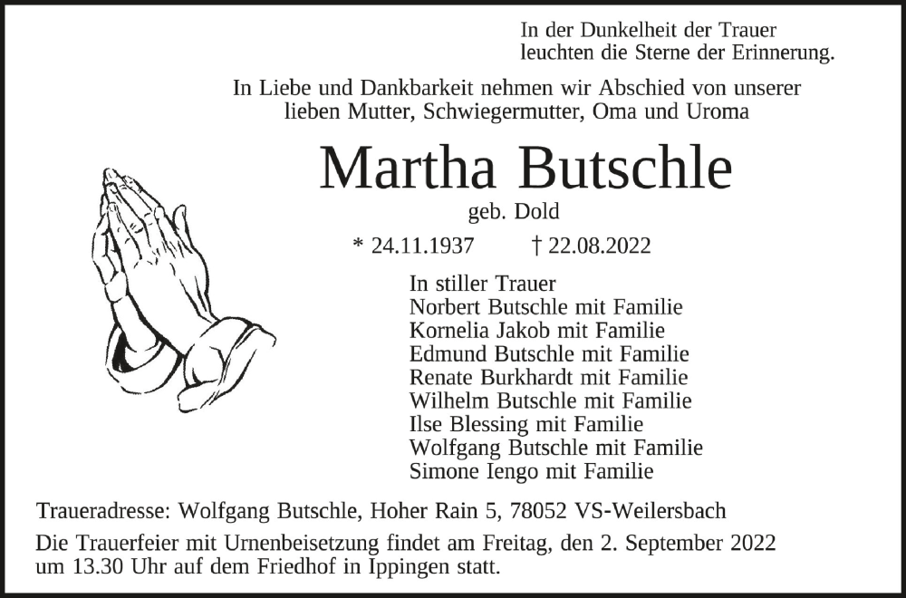  Traueranzeige für Martha Butschle vom 30.08.2022 aus Schwäbische Zeitung