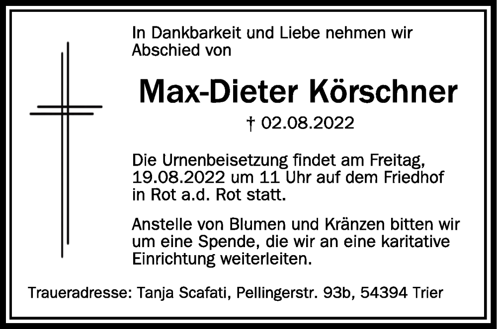  Traueranzeige für Max-Dieter Körschner vom 16.08.2022 aus Schwäbische Zeitung