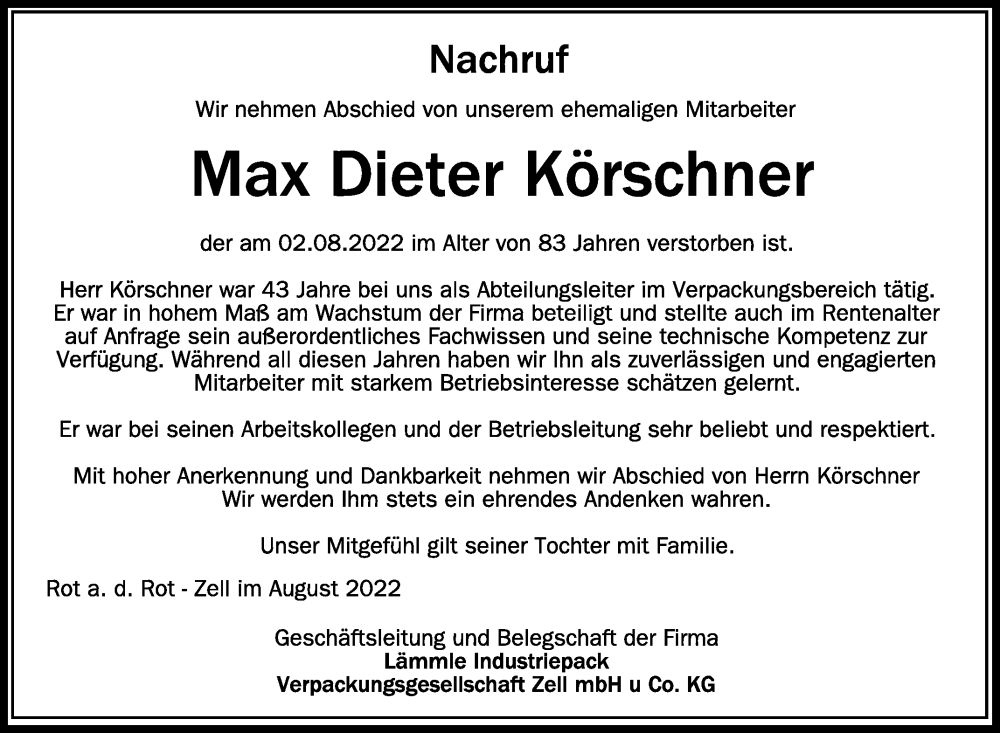  Traueranzeige für Max Dieter Körschner vom 17.08.2022 aus Schwäbische Zeitung