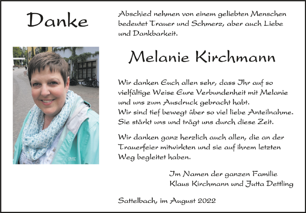  Traueranzeige für Melanie Kirchmann vom 27.08.2022 aus Schwäbische Zeitung