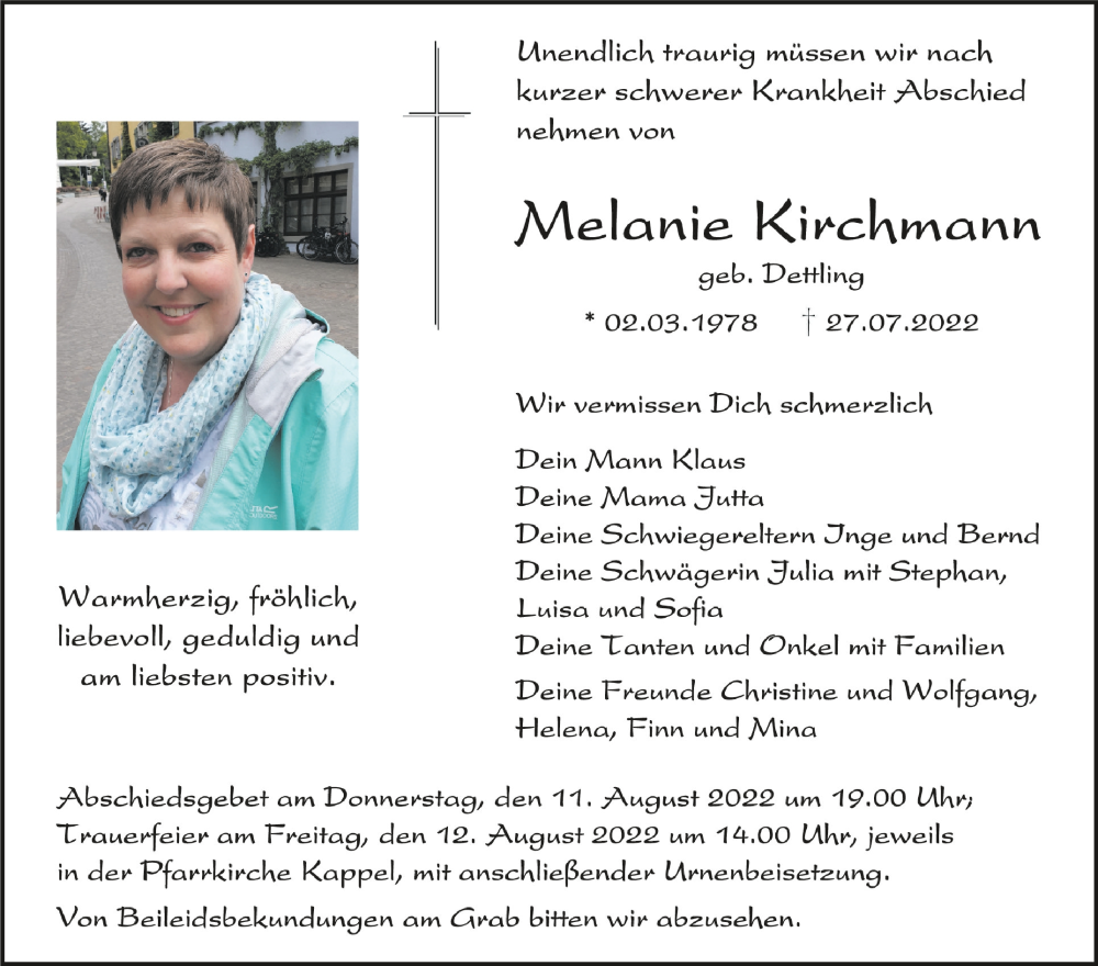  Traueranzeige für Melanie Kirchmann vom 06.08.2022 aus Schwäbische Zeitung