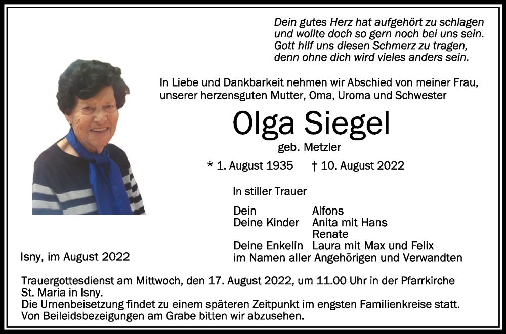  Traueranzeige für Olga Siegel vom 15.08.2022 aus Schwäbische Zeitung