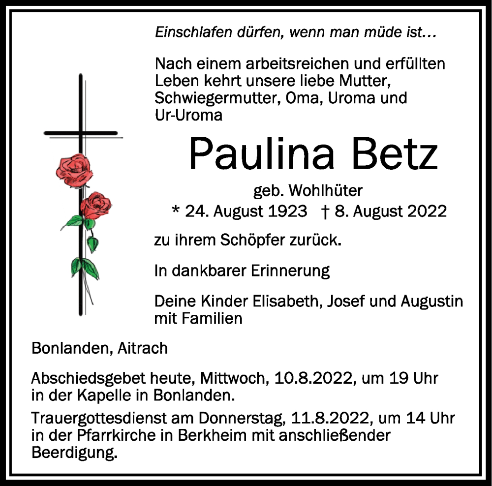  Traueranzeige für Paulina Betz vom 10.08.2022 aus Schwäbische Zeitung