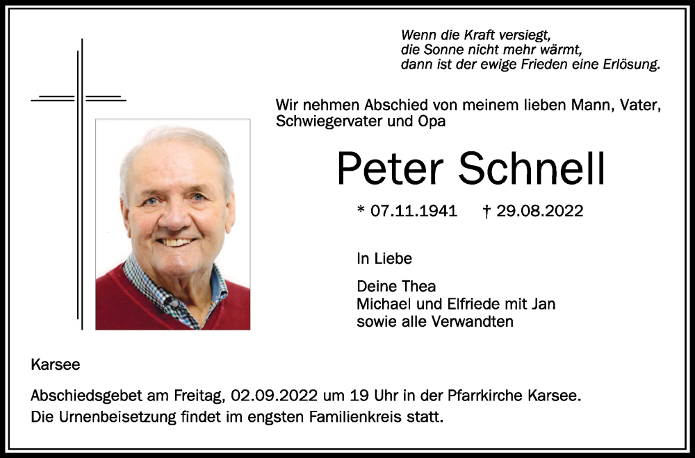  Traueranzeige für Peter Schnell vom 31.08.2022 aus Schwäbische Zeitung