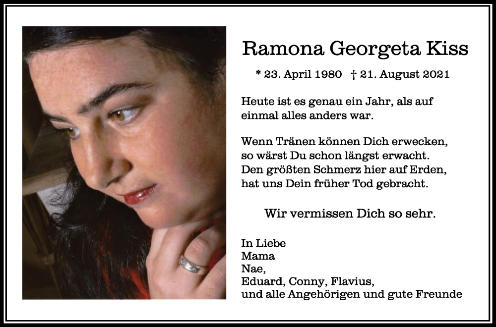  Traueranzeige für Ramona Georgeta Kiss vom 20.08.2022 aus Schwäbische Zeitung