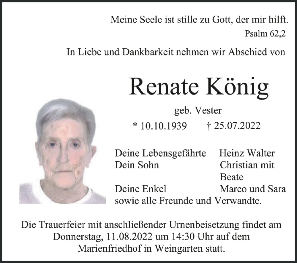 Traueranzeigen Von Renate König | Schwaebische.de Trauerportal