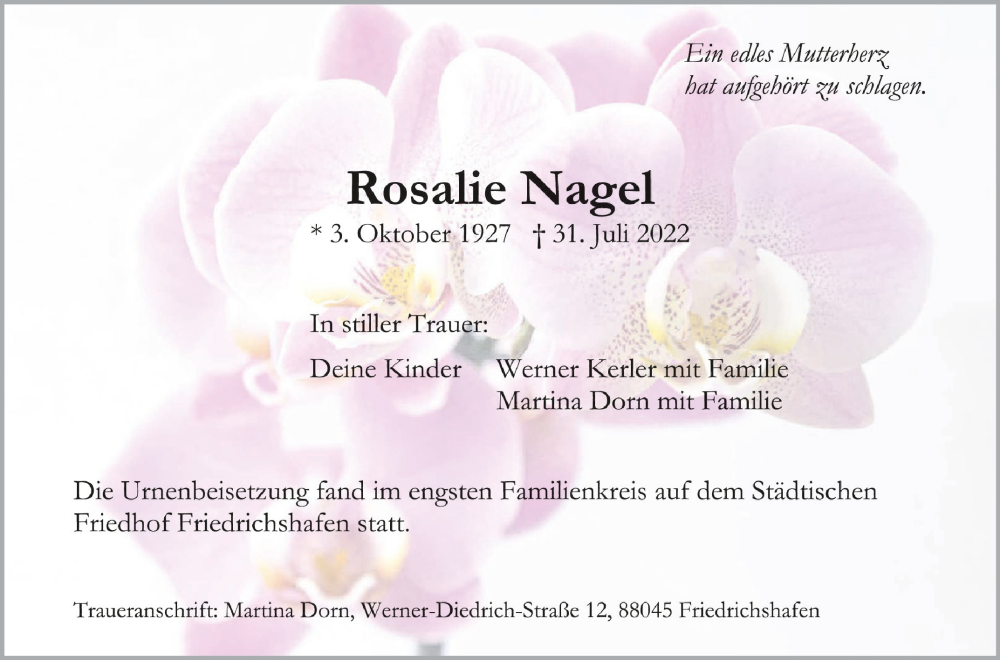  Traueranzeige für Rosalie Nagel vom 19.08.2022 aus Schwäbische Zeitung