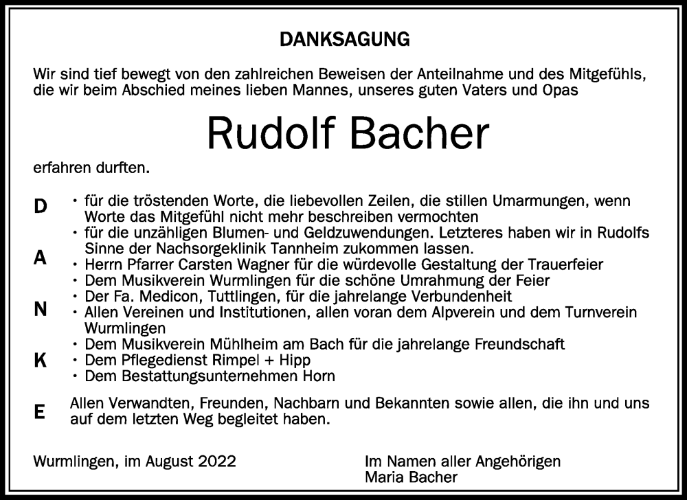  Traueranzeige für Rudolf Bacher vom 27.08.2022 aus Schwäbische Zeitung