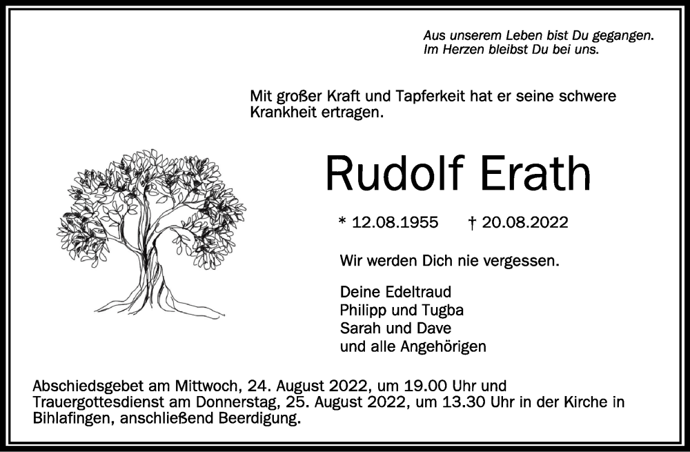  Traueranzeige für Rudolf Erath vom 23.08.2022 aus Schwäbische Zeitung