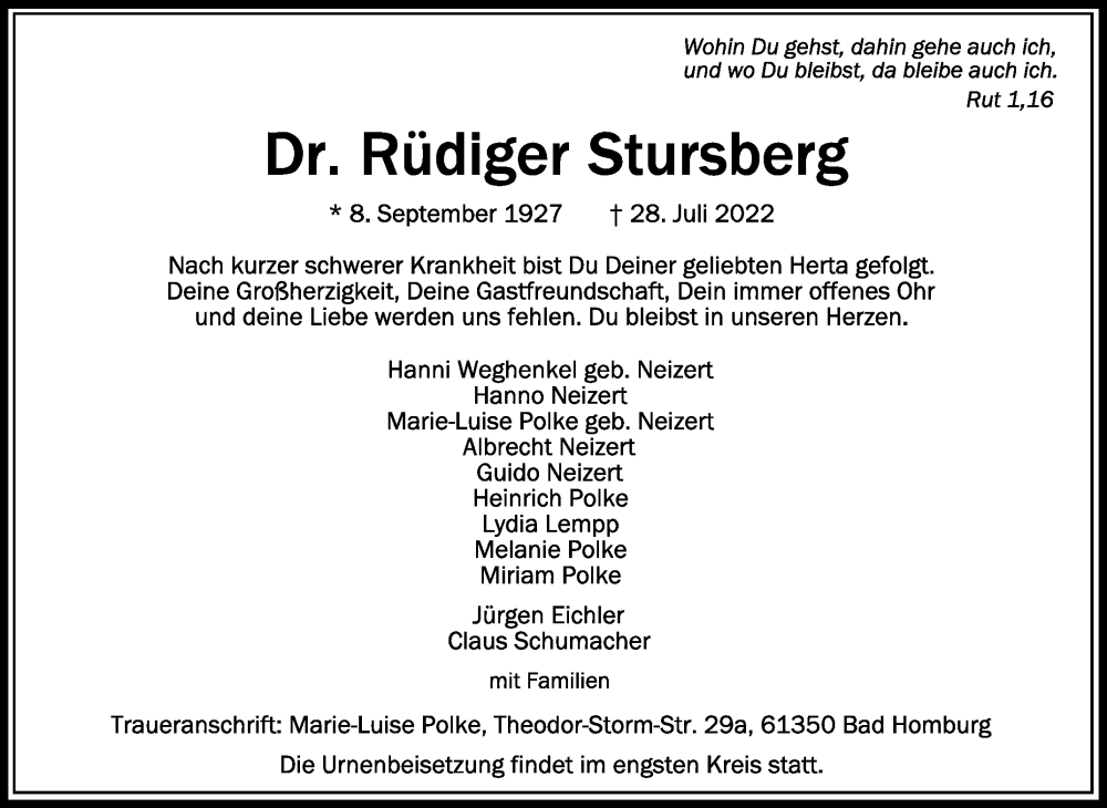  Traueranzeige für Rüdiger Stursberg vom 06.08.2022 aus Schwäbische Zeitung