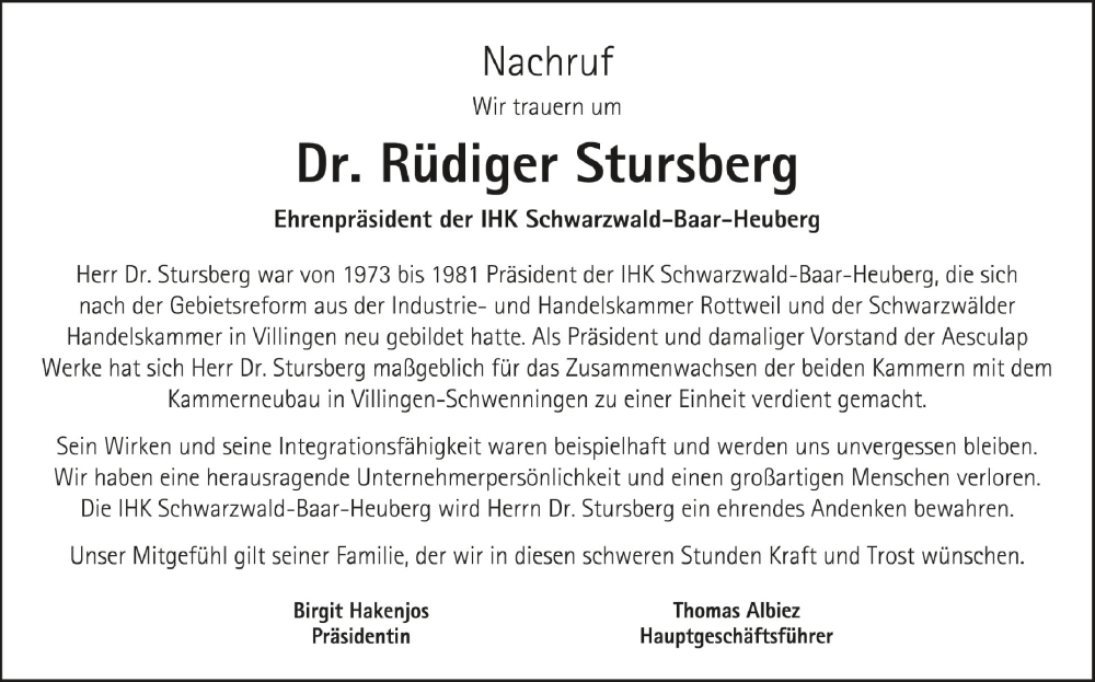  Traueranzeige für Rüdiger Stursberg vom 12.08.2022 aus Schwäbische Zeitung