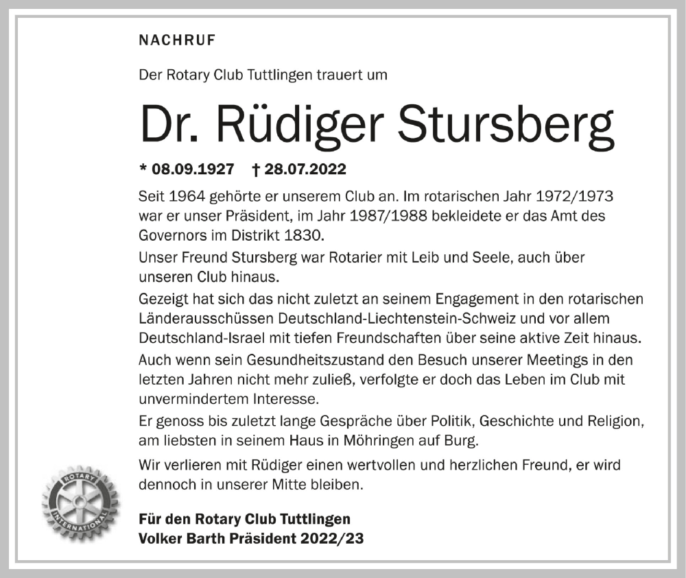  Traueranzeige für Rüdiger Stursberg vom 20.08.2022 aus Schwäbische Zeitung