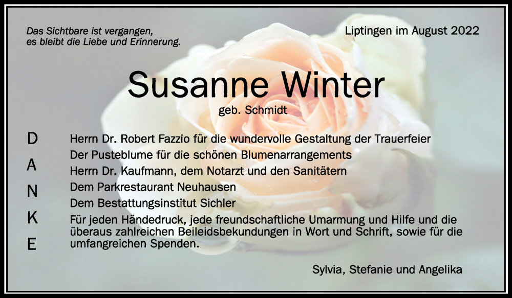  Traueranzeige für Susanne Winter vom 20.08.2022 aus Schwäbische Zeitung