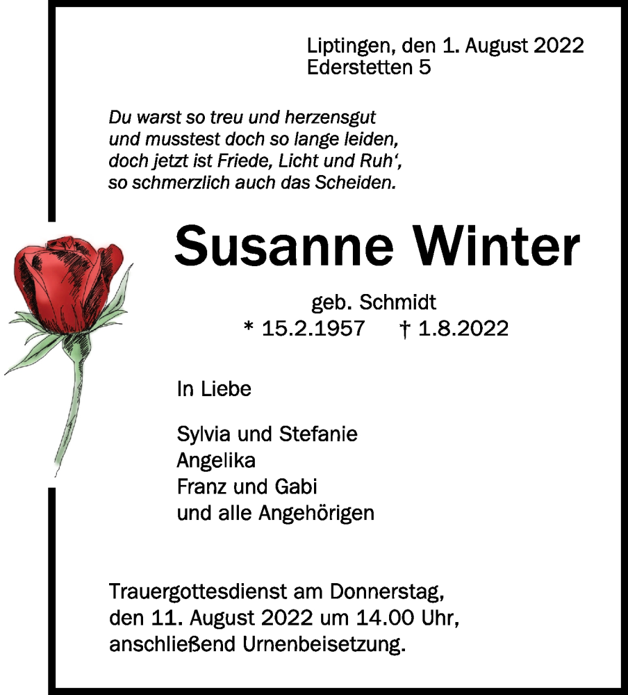  Traueranzeige für Susanne Winter vom 06.08.2022 aus Schwäbische Zeitung