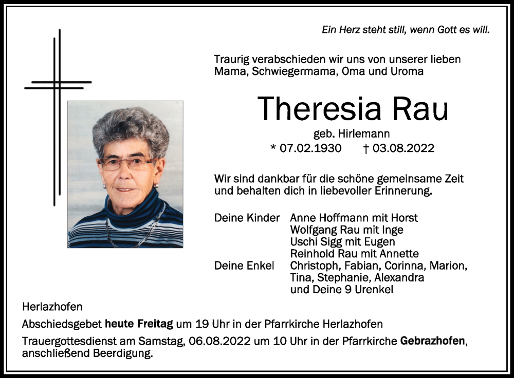  Traueranzeige für Theresia Rau vom 05.08.2022 aus Schwäbische Zeitung