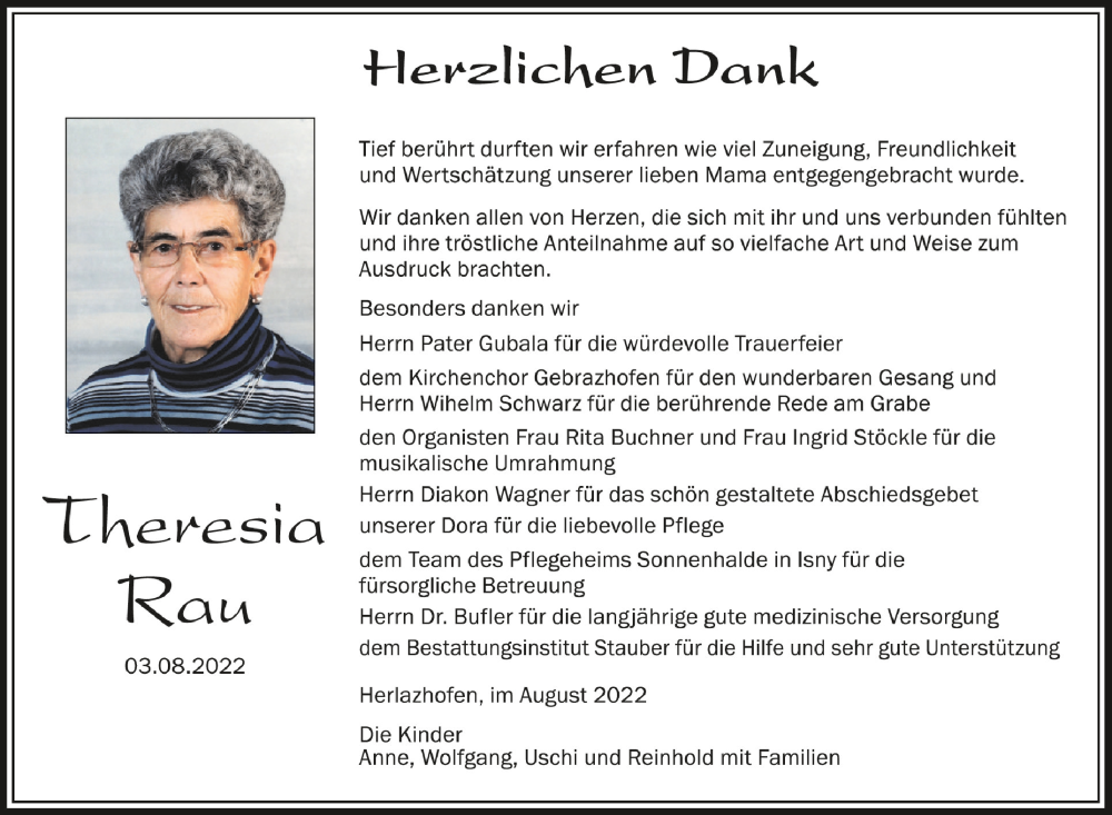  Traueranzeige für Theresia Rau vom 27.08.2022 aus Schwäbische Zeitung
