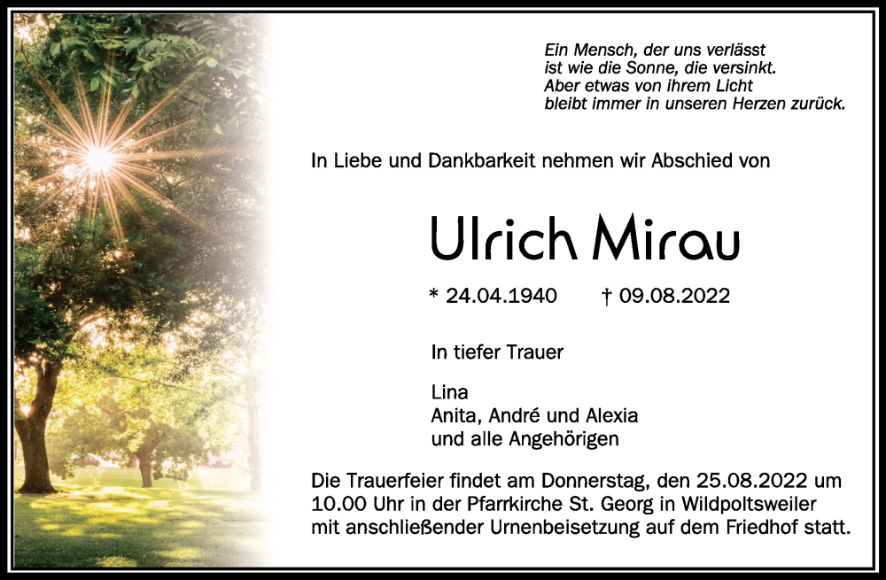  Traueranzeige für Ulrich Mirau vom 20.08.2022 aus Schwäbische Zeitung