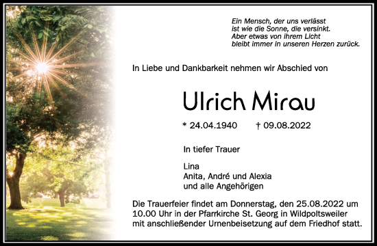 Anzeige von Ulrich Mirau von Schwäbische Zeitung