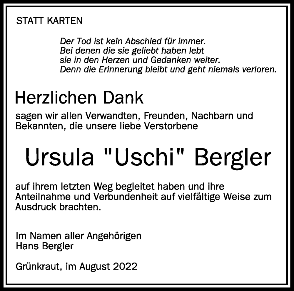  Traueranzeige für Ursula Bergler vom 20.08.2022 aus Schwäbische Zeitung