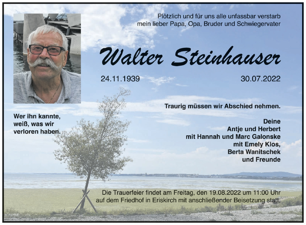  Traueranzeige für Walter Steinhauser vom 13.08.2022 aus Schwäbische Zeitung