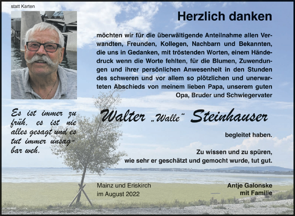  Traueranzeige für Walter Steinhauser vom 27.08.2022 aus Schwäbische Zeitung