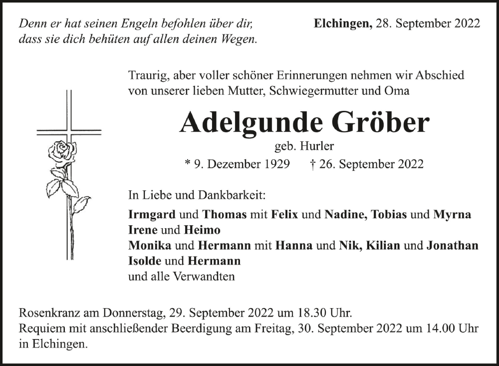  Traueranzeige für Adelgunde Gröber vom 28.09.2022 aus Schwäbische Zeitung