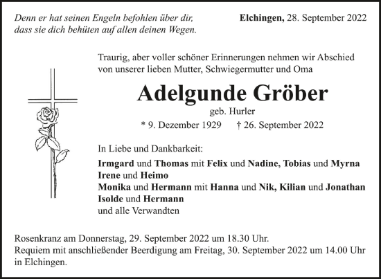 Anzeige von Adelgunde Gröber von Schwäbische Zeitung
