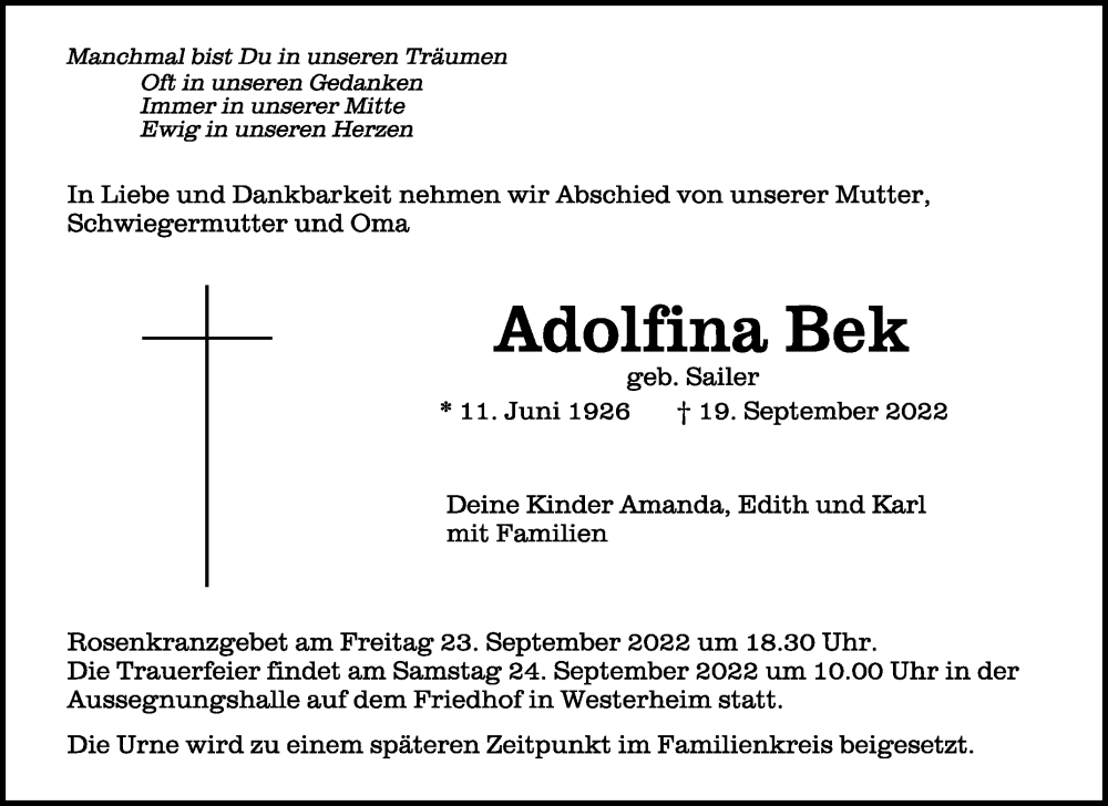  Traueranzeige für Adolfina Bek vom 22.09.2022 aus Schwäbische Zeitung