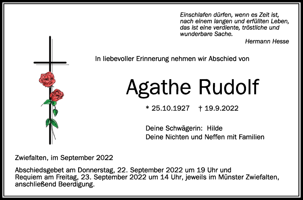  Traueranzeige für Agathe Rudolf vom 22.09.2022 aus Schwäbische Zeitung