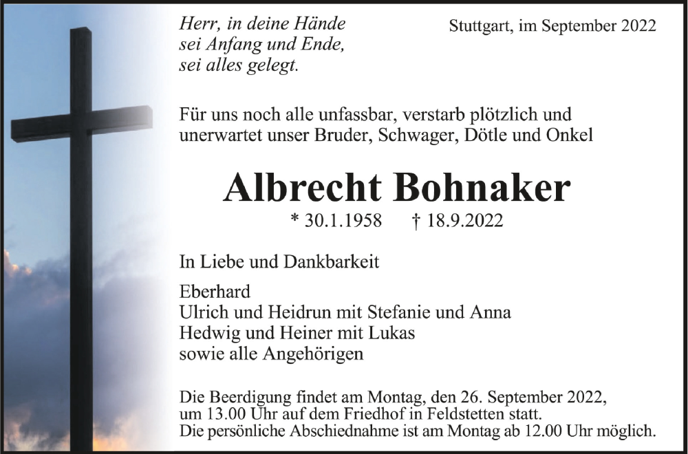  Traueranzeige für Albrecht Bohnaker vom 22.09.2022 aus Schwäbische Zeitung