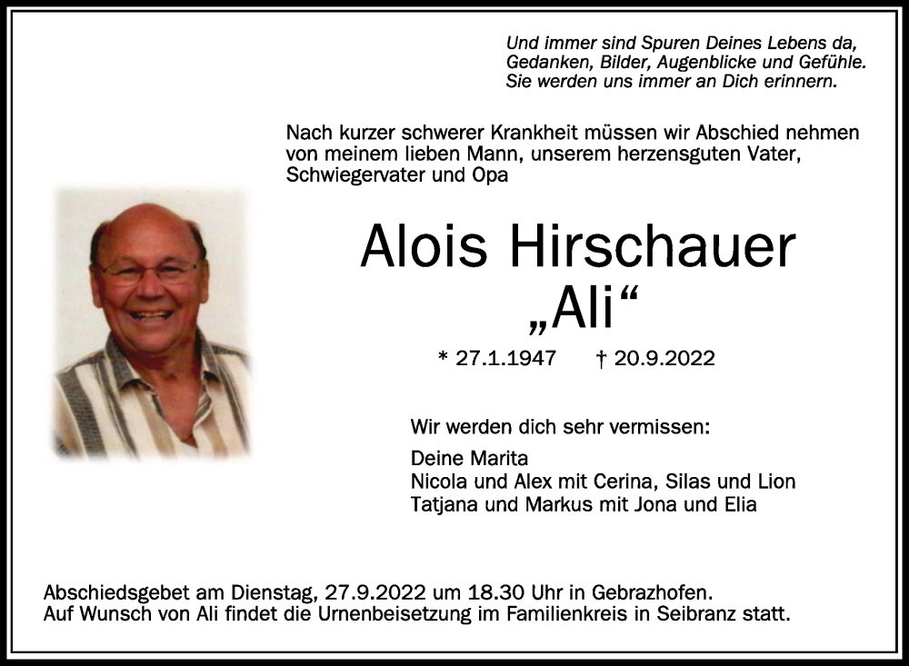  Traueranzeige für Alois Hirschauer vom 26.09.2022 aus Schwäbische Zeitung