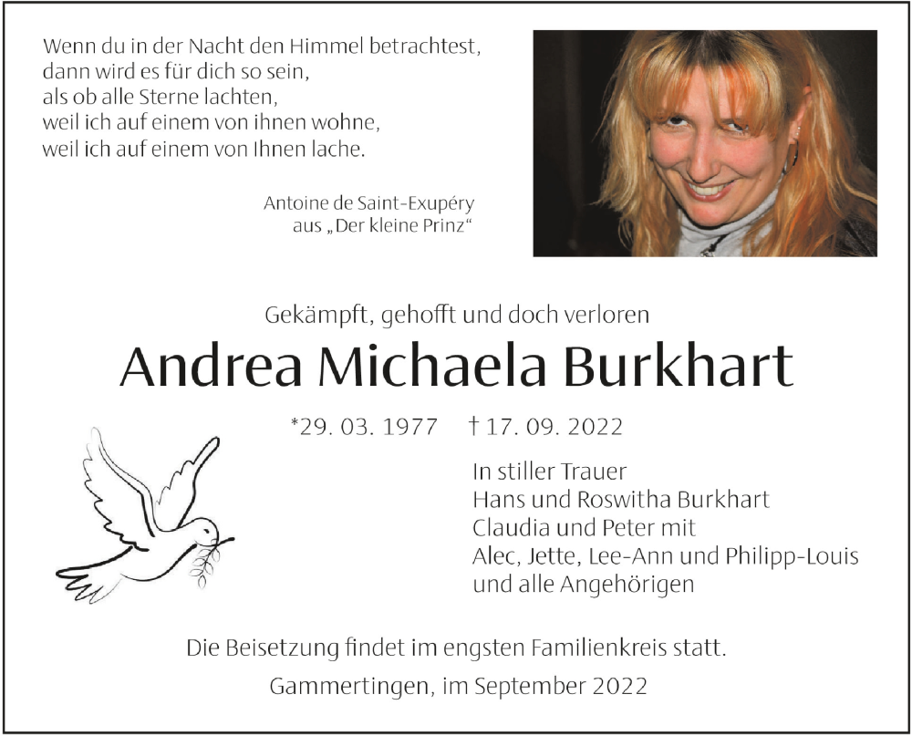  Traueranzeige für Andrea Michaela Burkhart vom 21.09.2022 aus Schwäbische Zeitung