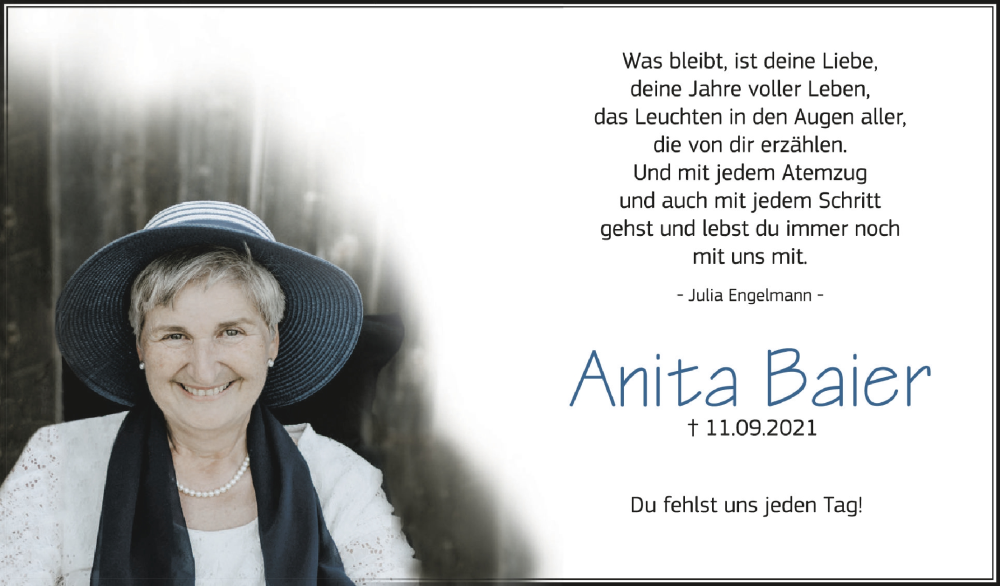  Traueranzeige für Anita Baier vom 10.09.2022 aus Schwäbische Zeitung