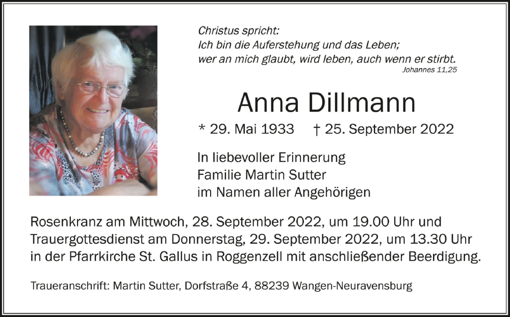  Traueranzeige für Anna Dillmann vom 27.09.2022 aus Schwäbische Zeitung