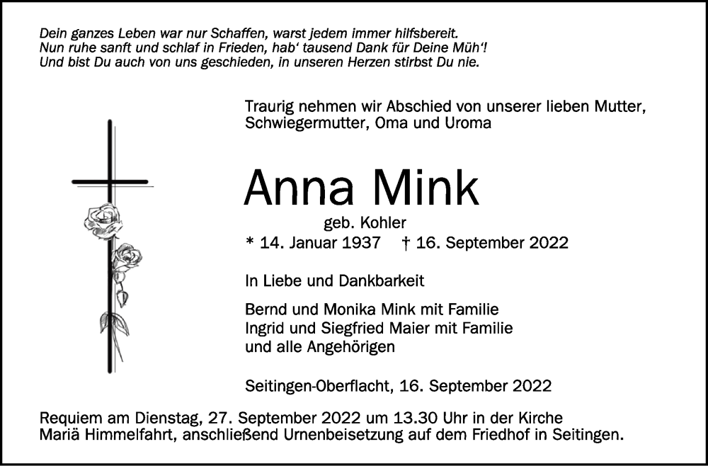  Traueranzeige für Anna Mink vom 24.09.2022 aus Schwäbische Zeitung