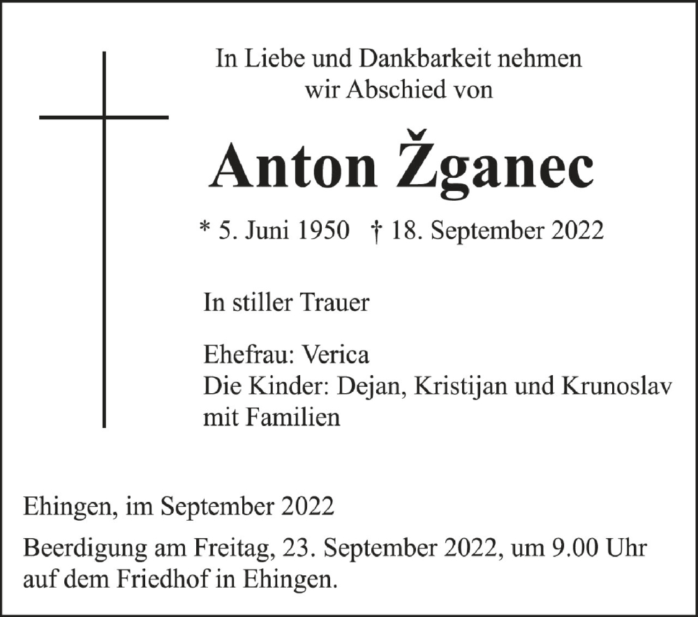  Traueranzeige für Anton Zganec vom 22.09.2022 aus Schwäbische Zeitung