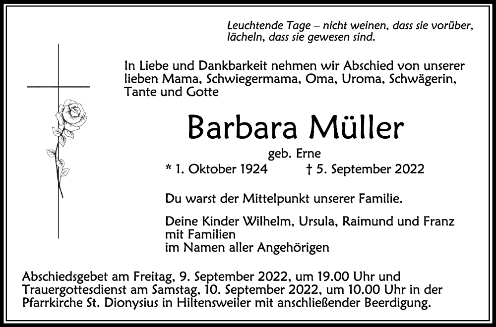  Traueranzeige für Barbara Müller vom 08.09.2022 aus Schwäbische Zeitung