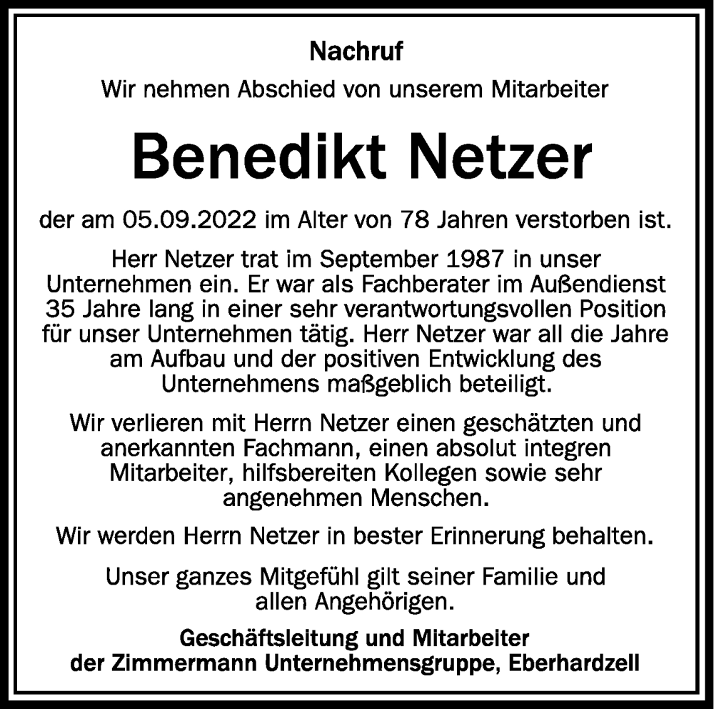  Traueranzeige für Benedikt Netzer vom 15.09.2022 aus Schwäbische Zeitung